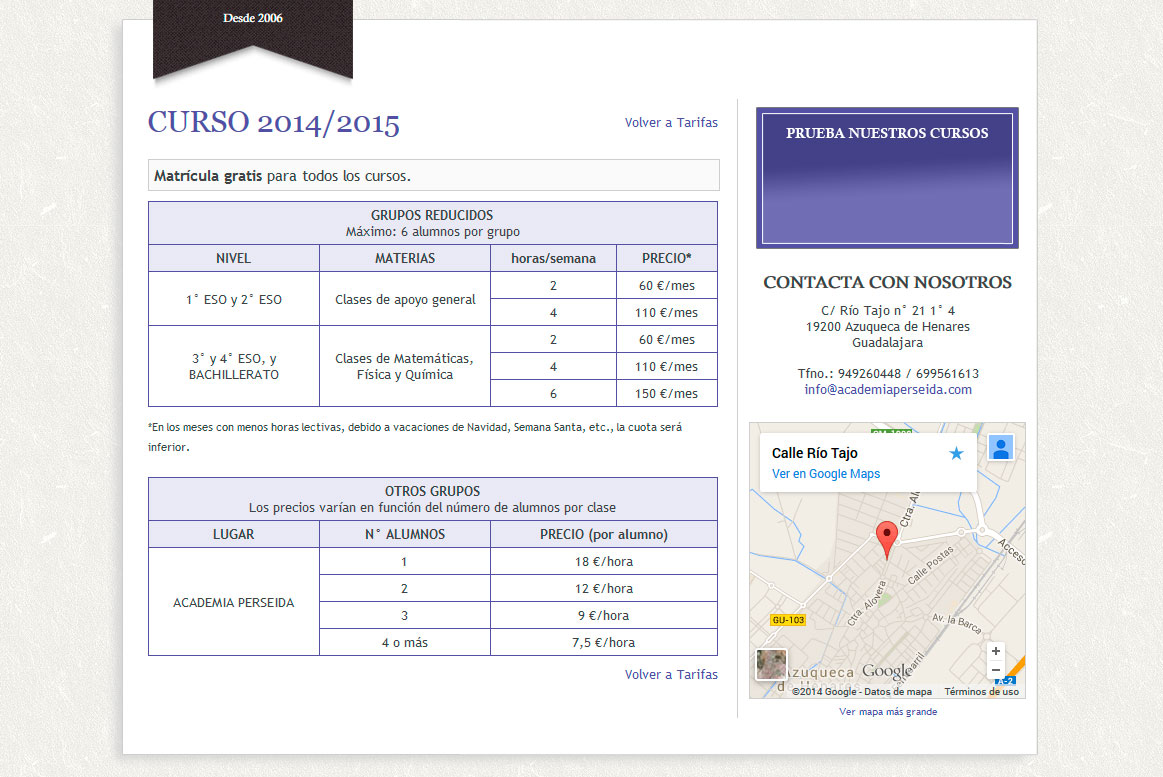 <strong>Página de tarifas.</strong><br> Programación mediante Jquery para el cambio automático de tarifas en función del año académico. Academia Perseida - Tarifas