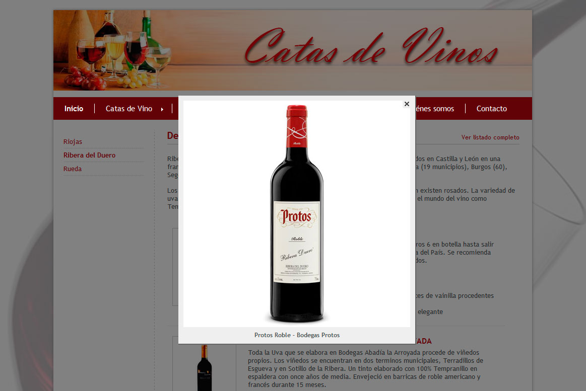 <strong>Sección Listado de vinos recomendados (2).</strong><br>Lighbox utilizado para ampliar la imagen dentro de la ficha técnica de cada vino. Catas de Vinos - Listado vinos
