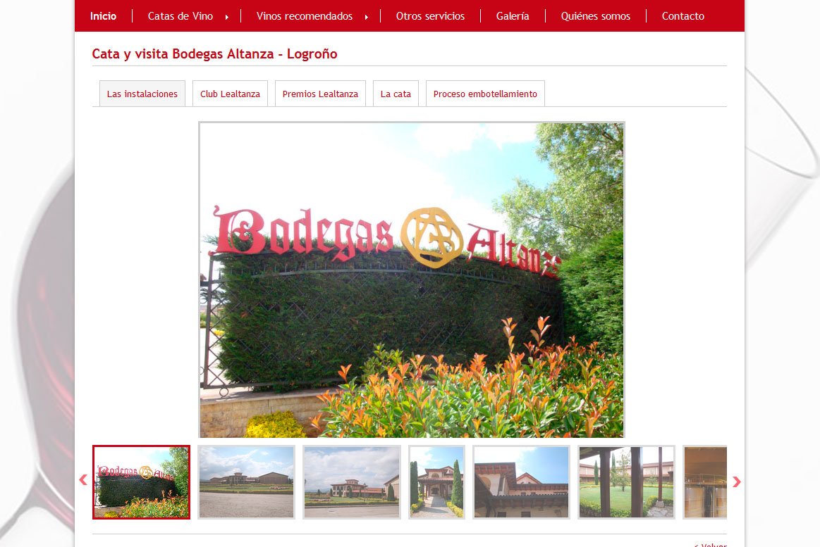<strong>Página de galería de imágenes.</strong><br>Galería de imágenes con las diapositivas en miniatura en la parte inferior. Catas de Vinos - Galería