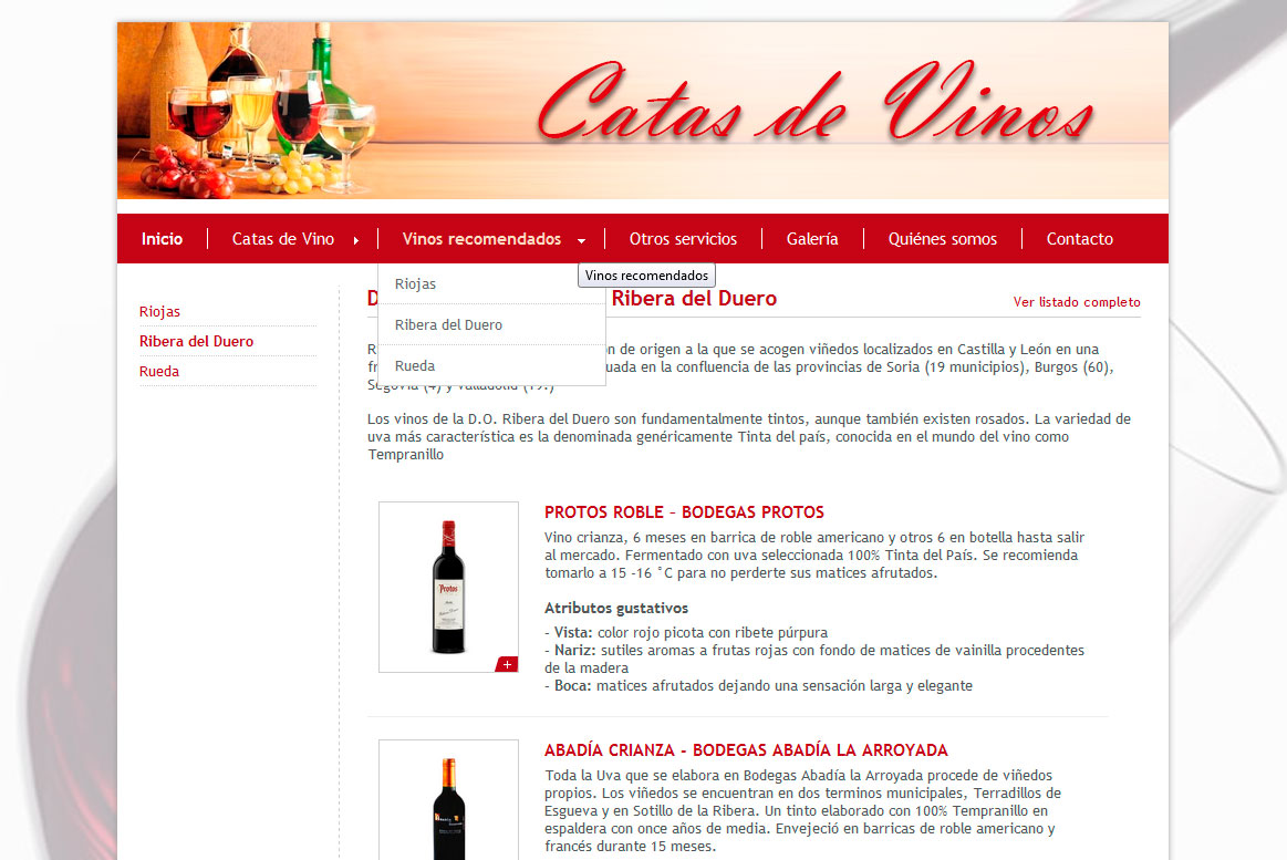 <strong>Sección Listado de vinos recomendados.</strong><br>Listado de vinos recomendados con una descripción breve de cada denominación de origen. Catas de Vinos - Listado vinos