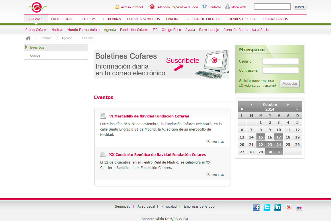 <strong>Página de eventos</strong><br>Calendario de eventos dinámico. Cofares - Eventos