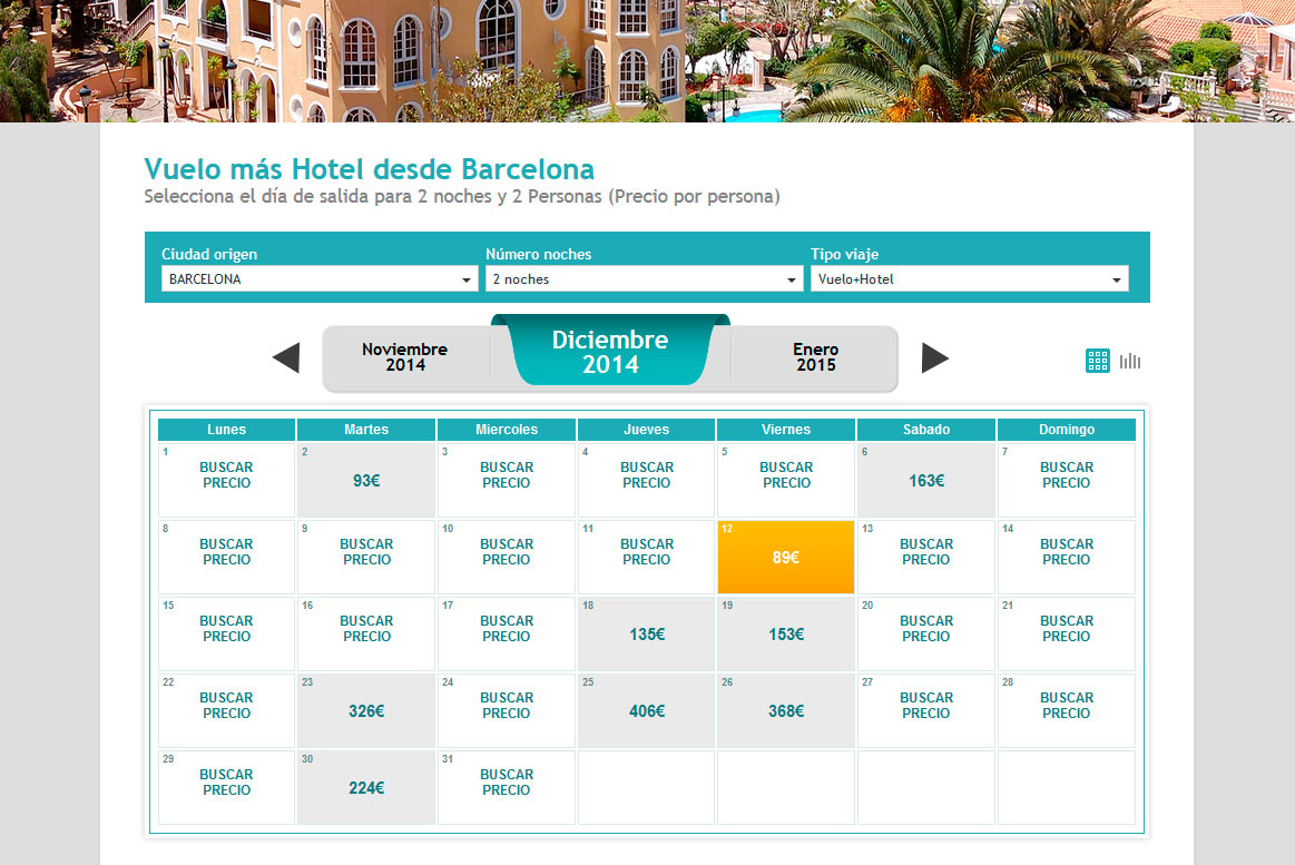 <strong>Listado de precios para un origen y un destino representados en un calendarioa</strong> Muchoviaje - Calendario