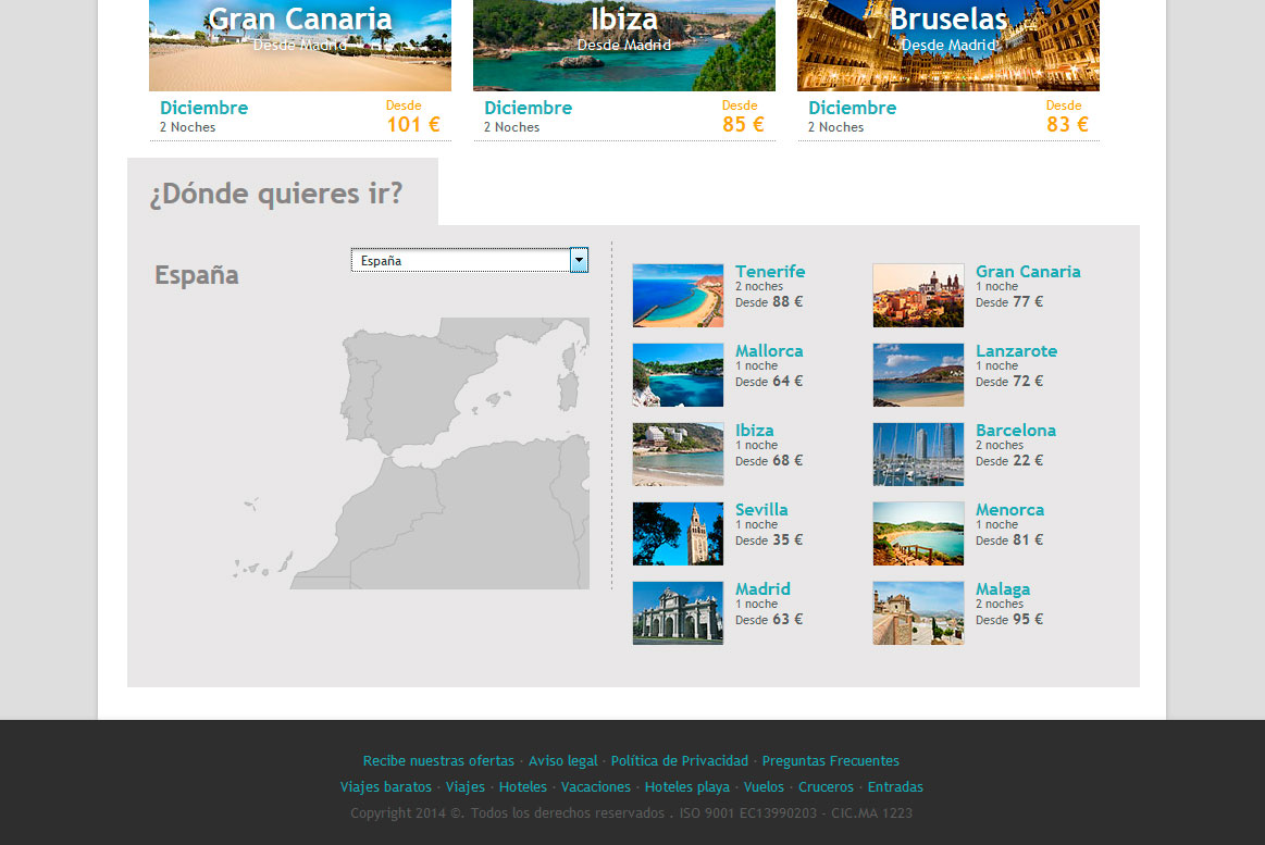 <strong>Home - Listado de ofertas por país.</strong><br>Listado de ofertas en función del país seleccionado. Al mismo tiempo se carga el mapa del pais correspondiente. Muchoviaje - Home Destinos