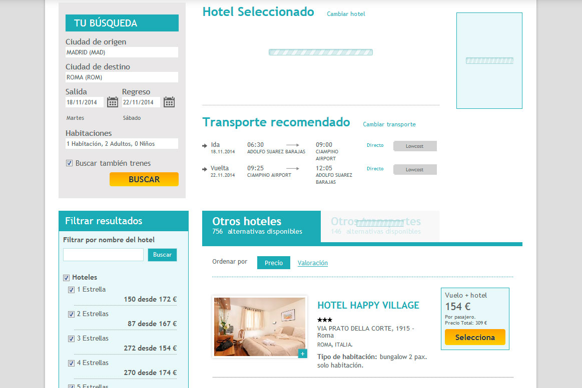 <strong>Listado resultados.</strong><br>Actualización del precio en función del hotel seleccionado. Muchoviaje - Resultados loading