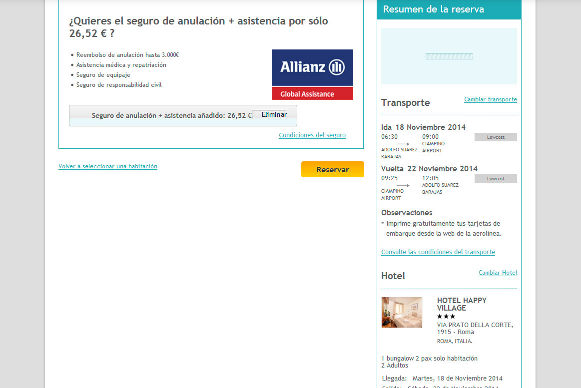 <strong>Selección de seguro de anulación.</strong><br>Actualización del precio si se elige la opción del seguro. Muchoviaje - Seguro