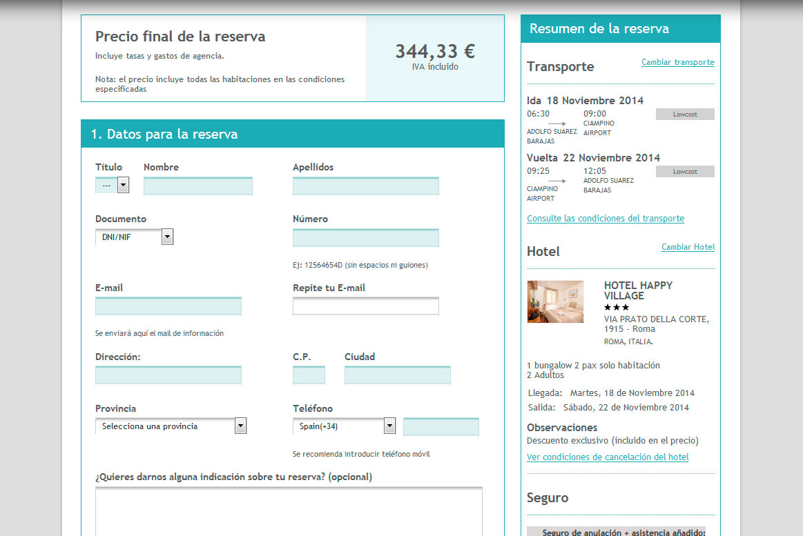 <strong>Datos de la reserva.</strong><br>Validación de los datos del formulario antes de pasar a la página de confirmación. Muchoviaje - Validación formulario
