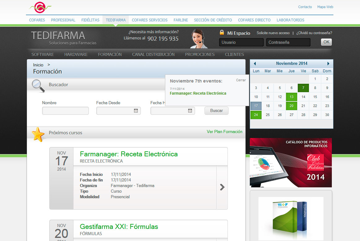<strong>Formación.</strong><br /> Calendario de eventos dinámico. Cofares - Tedifarma - Formación