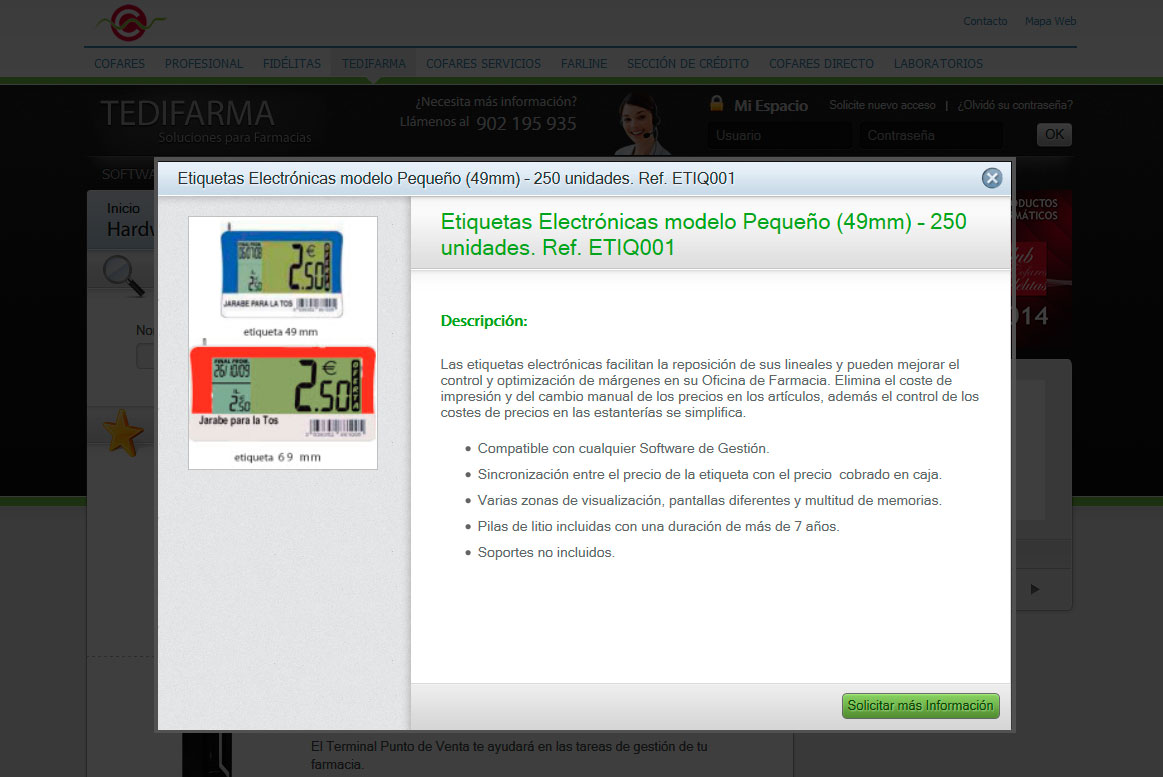 <strong>Hardware</strong><br>El detalle de cada producto es mostrado en un lightbox. Cofares - Tedifarma - Hardware