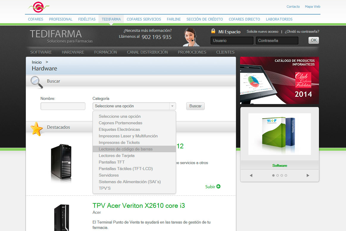 <strong>Hardware.</strong><br> Para dar estilo a los select se tuvo que crear la funcionalidad a través de jquery. Cofares - Tedifarma - Hardware